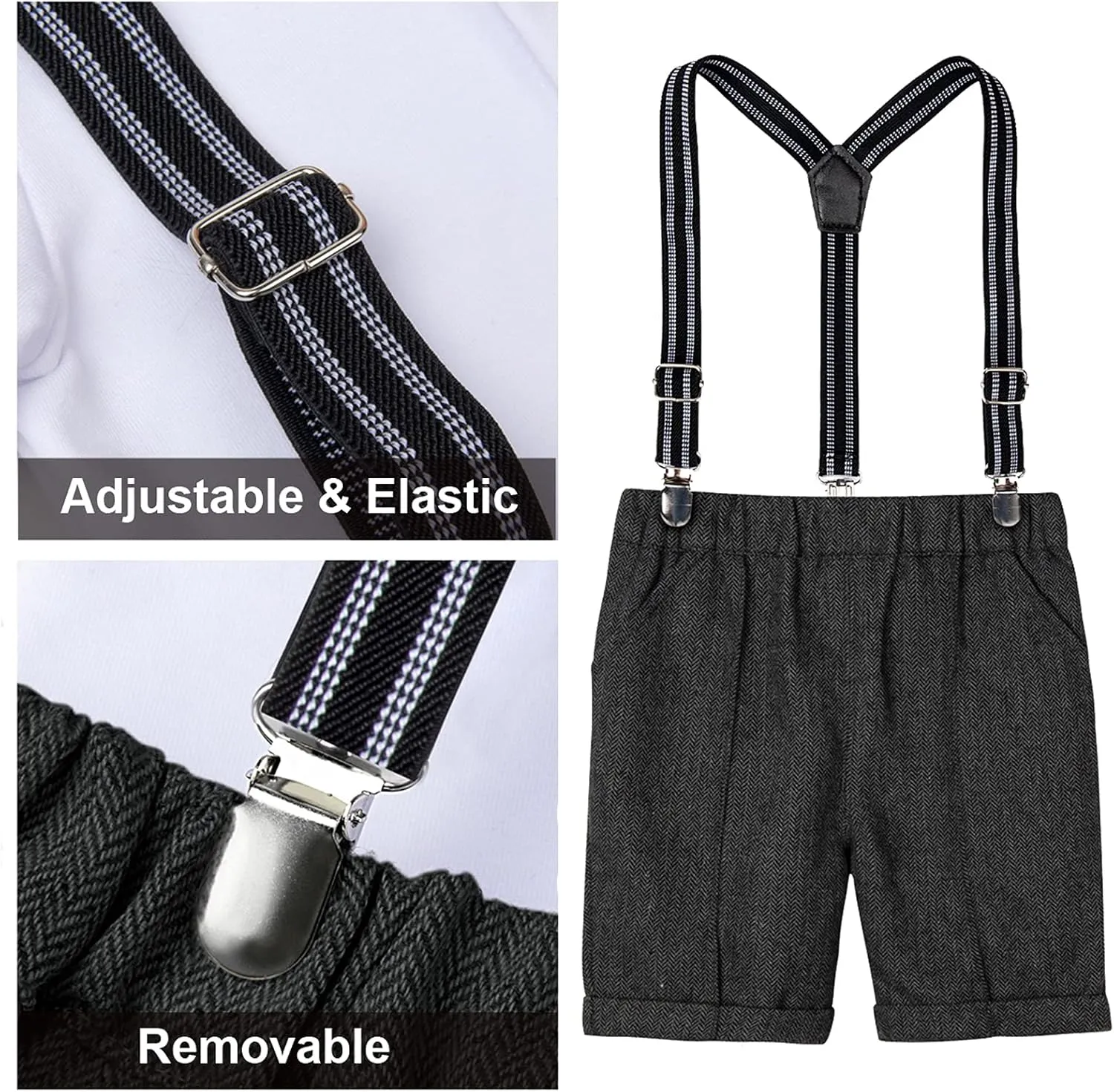 A&J DESIGN 5pcs Toddler Baby Boys Suit Set, 12 Months - 3T, Gentleman Suit Shirt & Shorts & Vest & Hat & Bow Tie