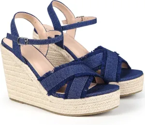 Allegra K Women's Denim Platform Slingback Espadrille Wedge Heel Sandals