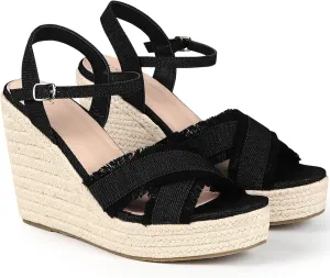 Allegra K Women's Denim Platform Slingback Espadrille Wedge Heel Sandals
