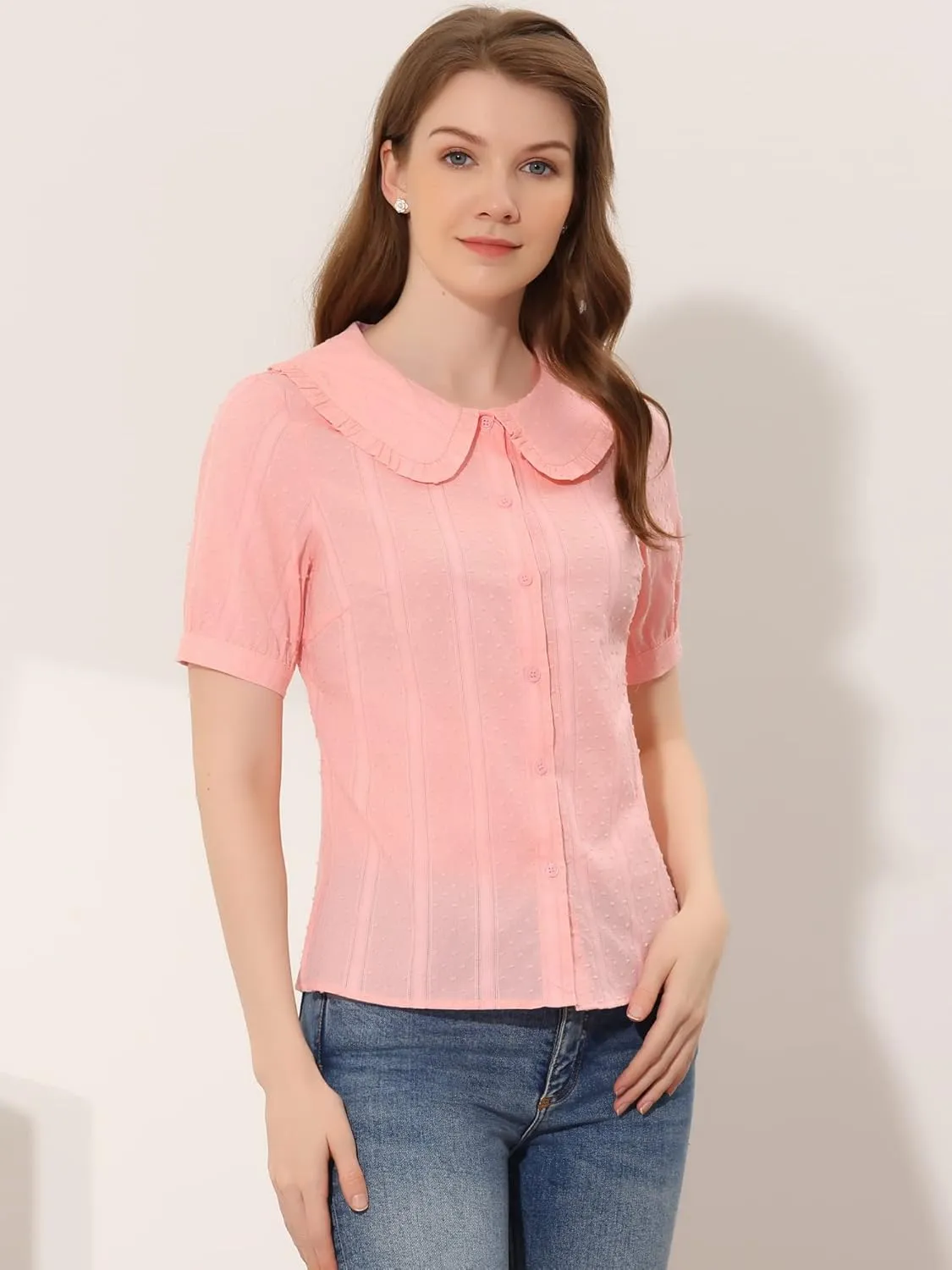 Allegra K Women's Peter Pan Collar Swiss Dots Short Sleeves Button Front Shirt Blouse