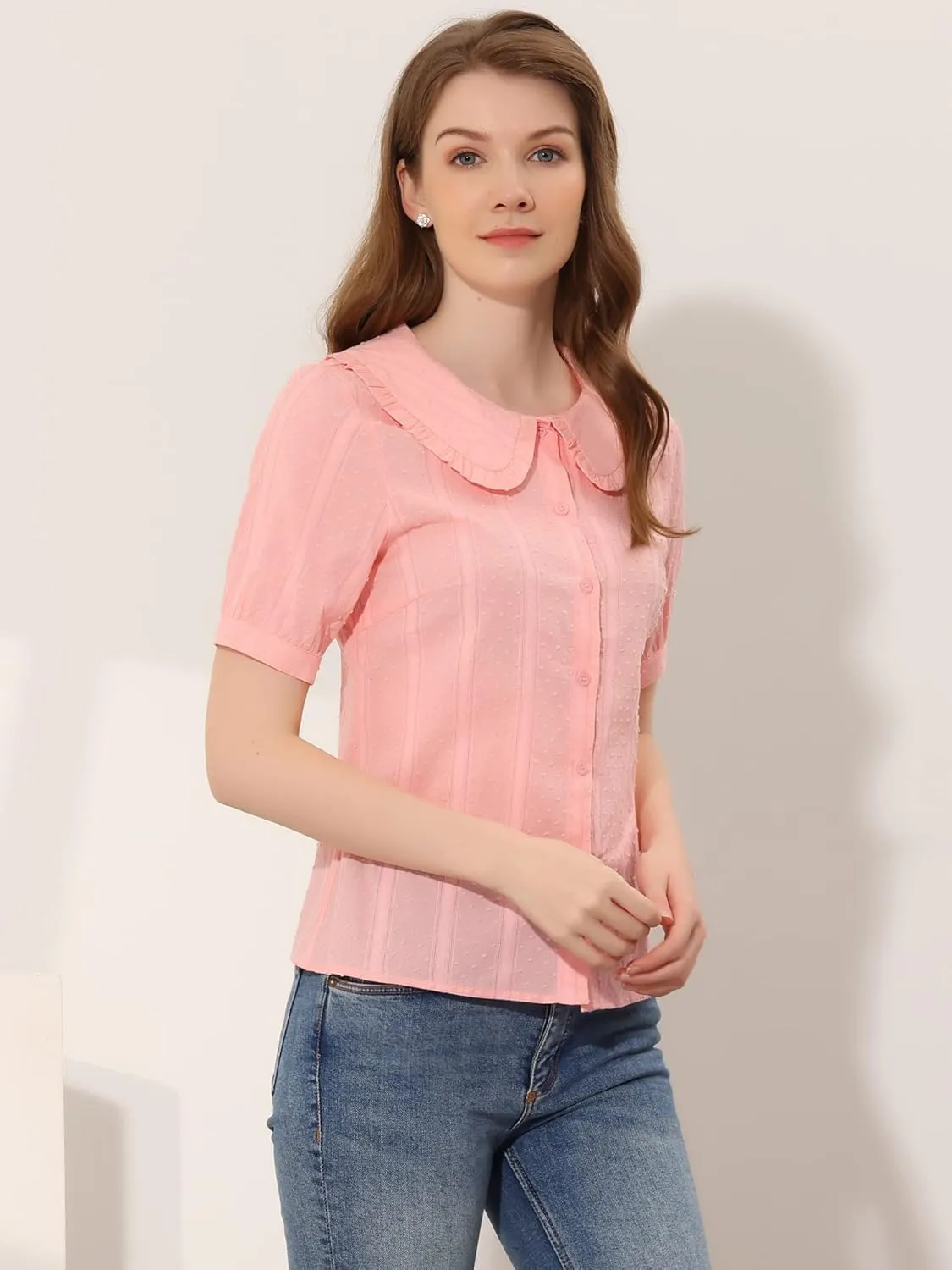Allegra K Women's Peter Pan Collar Swiss Dots Short Sleeves Button Front Shirt Blouse