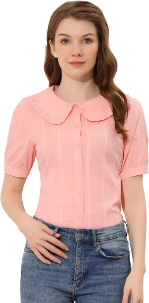 Allegra K Women's Peter Pan Collar Swiss Dots Short Sleeves Button Front Shirt Blouse