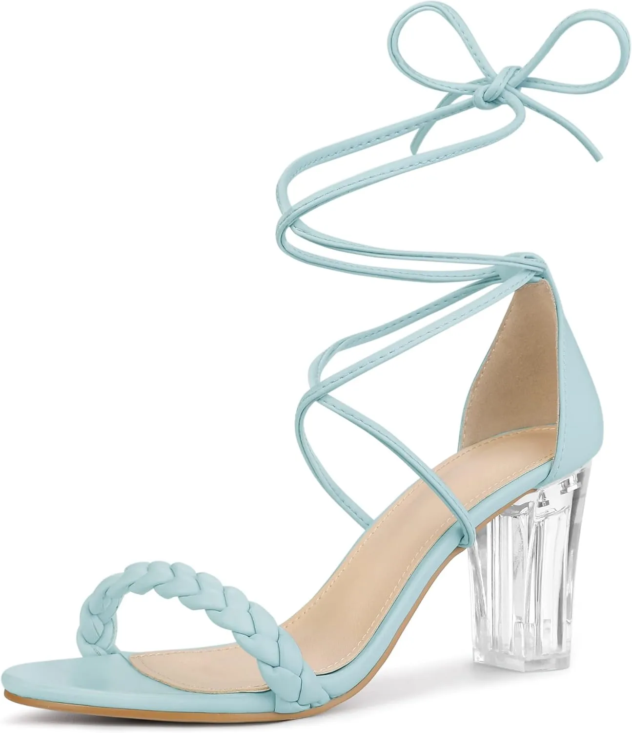 Allegra K Women's Woven Braided Heel Lace Up Clear Block Heel Sandals