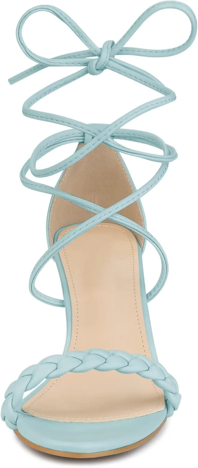 Allegra K Women's Woven Braided Heel Lace Up Clear Block Heel Sandals
