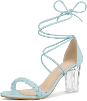 Allegra K Women's Woven Braided Heel Lace Up Clear Block Heel Sandals