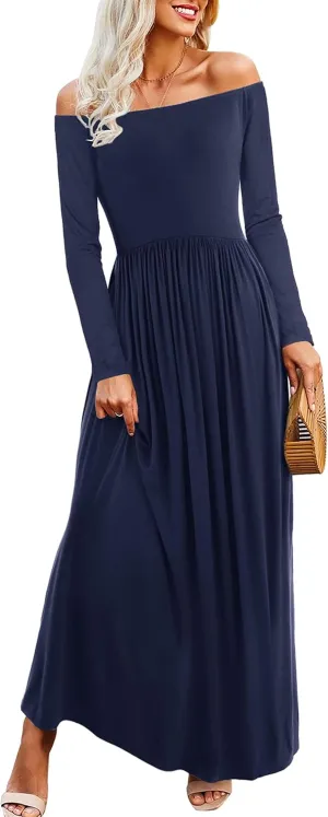 Amoretu Dresses for Women Long Sleeve Off Shoulder Maxi Flowy Casual Loose Plain Dress with Pockets