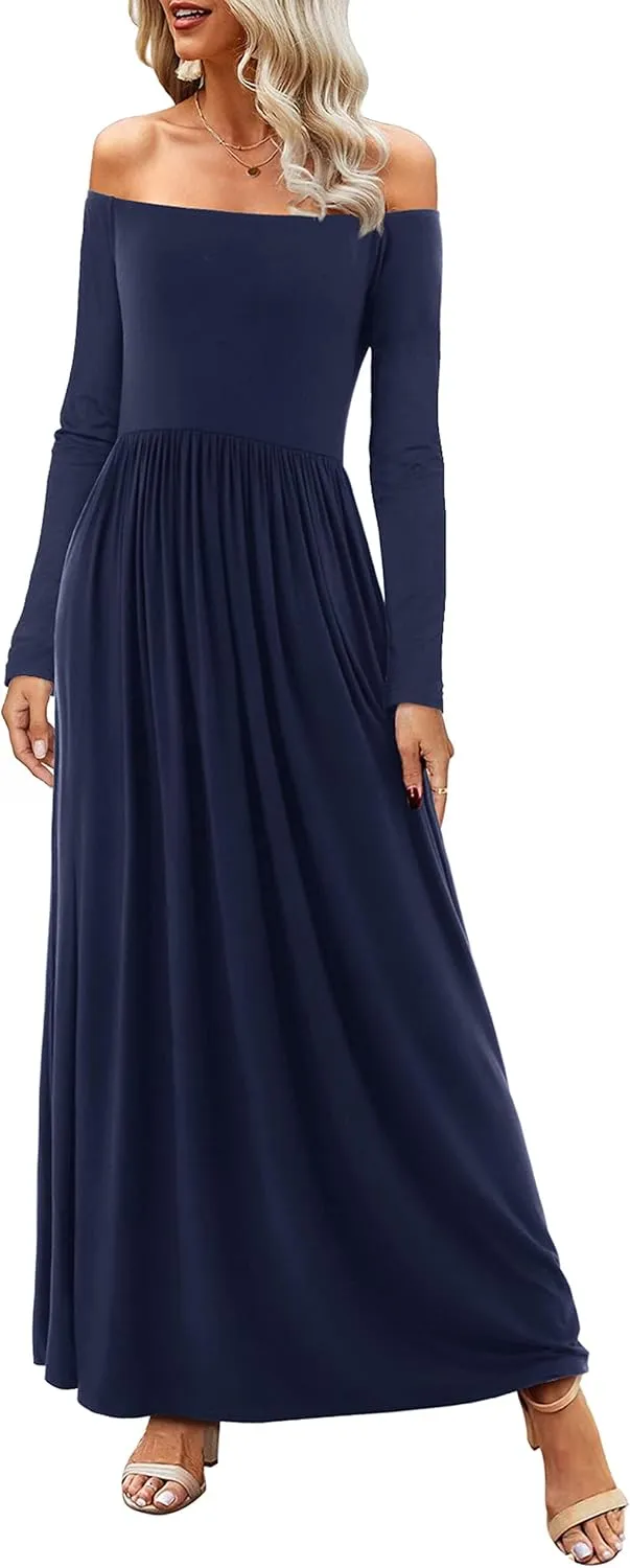 Amoretu Dresses for Women Long Sleeve Off Shoulder Maxi Flowy Casual Loose Plain Dress with Pockets