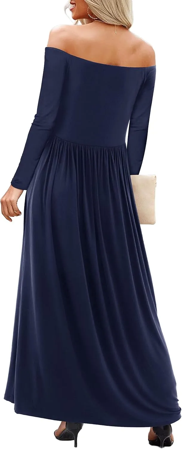 Amoretu Dresses for Women Long Sleeve Off Shoulder Maxi Flowy Casual Loose Plain Dress with Pockets