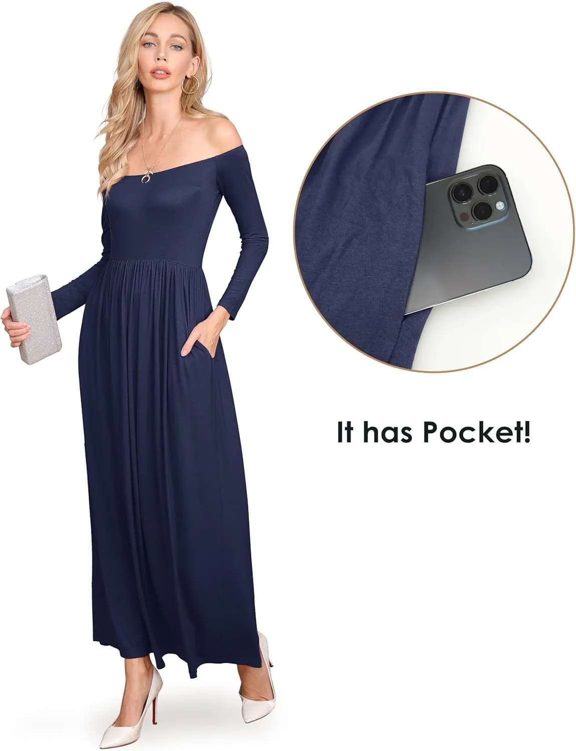 Amoretu Dresses for Women Long Sleeve Off Shoulder Maxi Flowy Casual Loose Plain Dress with Pockets
