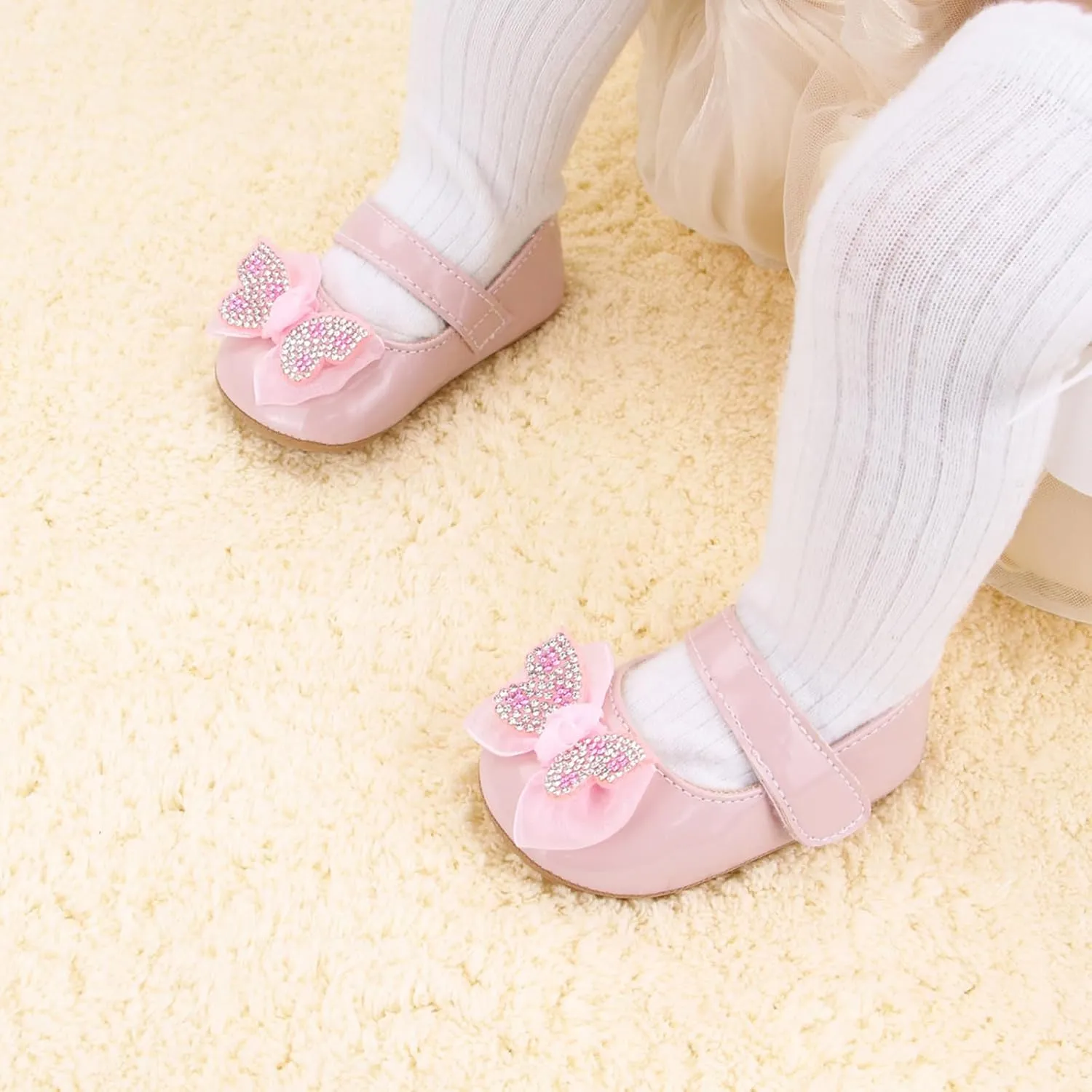 Baby Girls Dress Shoes Infant Mary Jane Flats Newborn Bowkont Non-Slip Lightweight Soft Sole First Walkers Princess Wedding Shoe
