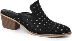 Bigwow Fashion Women's Rivet Chunky Block Heel Mules Slip On Slides Casual Dressy Sandal Shoes Black Size 10