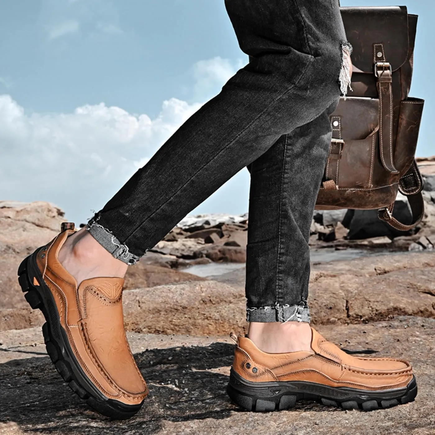 Boxpopla Men's Slip On Casual Shoes Moc Toe Leather Walking Hiking Loafers Dress Comfortable for Work Office Outdoor Hike