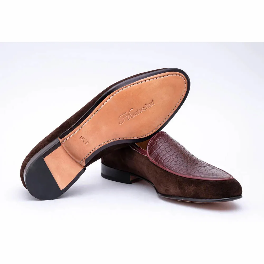 Brown Suede Loafer With Burgundy Croco Detail