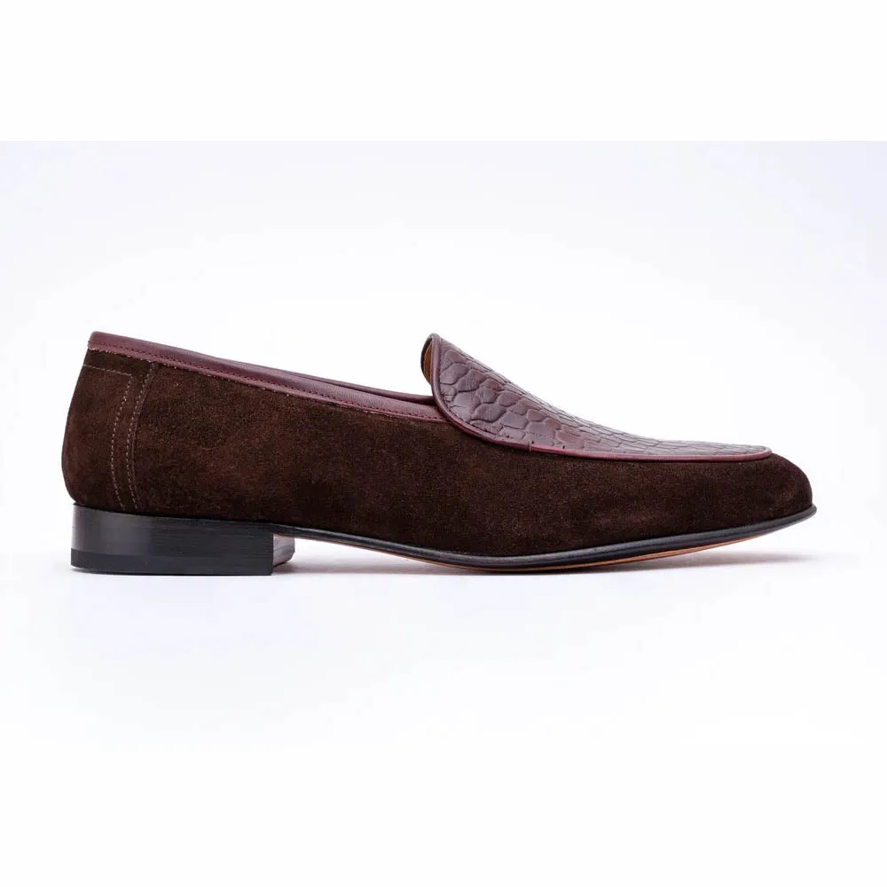 Brown Suede Loafer With Burgundy Croco Detail