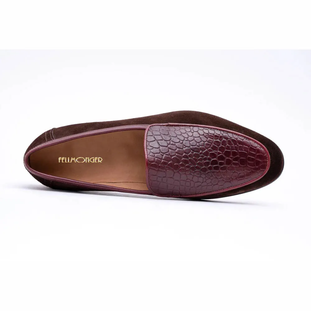 Brown Suede Loafer With Burgundy Croco Detail