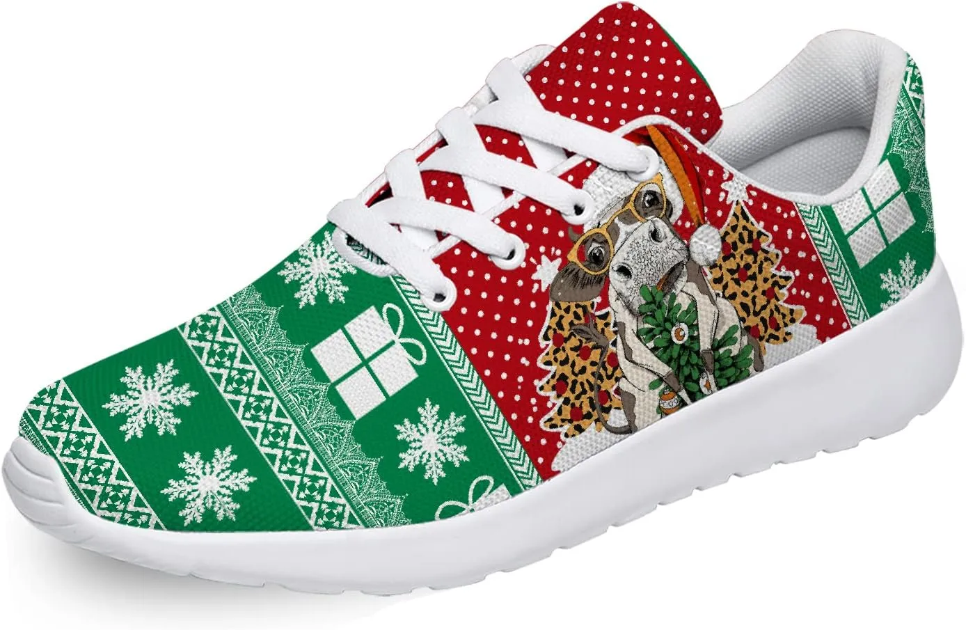 Christmas Themed Shoes Men Women Running Sneaker Tennis Walking Shoes Green Red Christmas Cow Print Shoes Gifts for Big Broghter,US Size 9 Women/7.5 Men