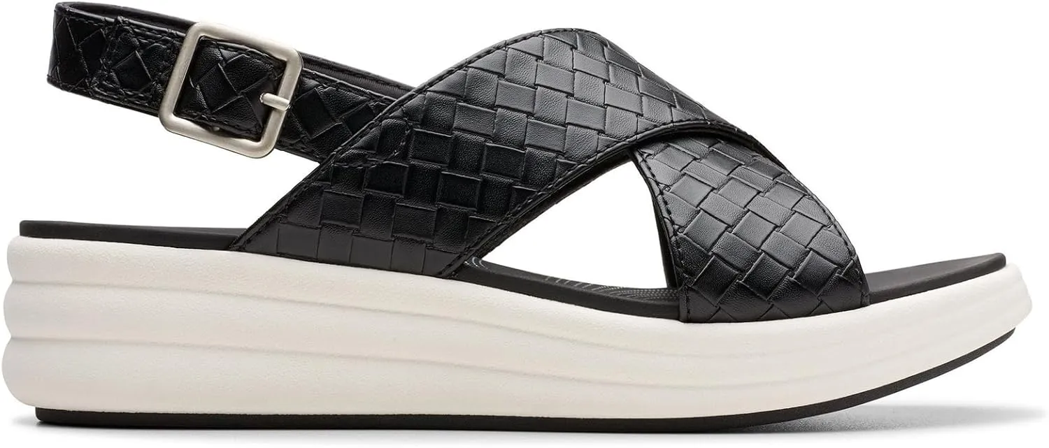 Clarks Women's Drift Sun Wedge Sandal, Black Woven Synthetic, 12