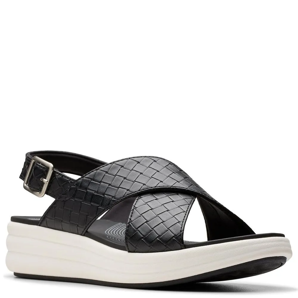 Clarks Women's Drift Sun Wedge Sandal, Black Woven Synthetic, 7.5