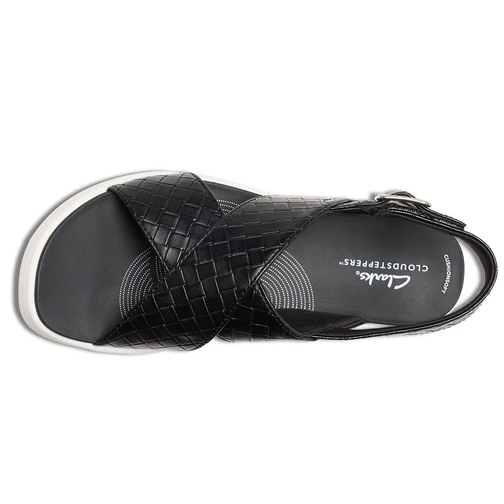Clarks Women's Drift Sun Wedge Sandal, Black Woven Synthetic, 7.5