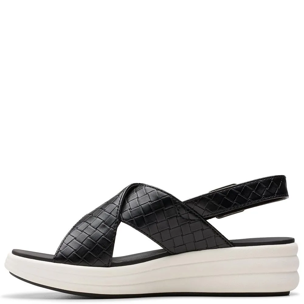 Clarks Women's Drift Sun Wedge Sandal, Black Woven Synthetic, 7.5