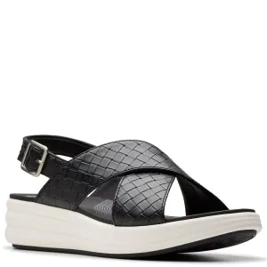 Clarks Women's Drift Sun Wedge Sandal, Black Woven Synthetic, 7.5