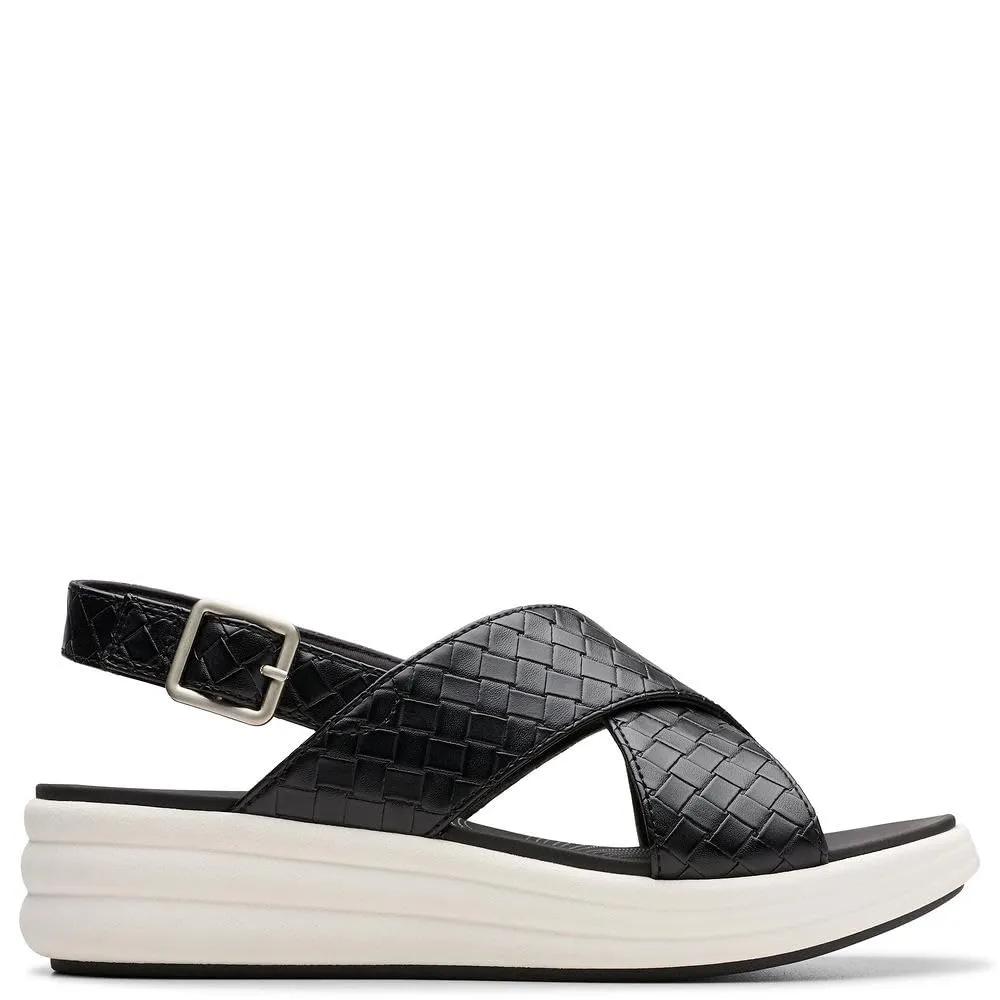 Clarks Women's Drift Sun Wedge Sandal, Black Woven Synthetic, 7.5