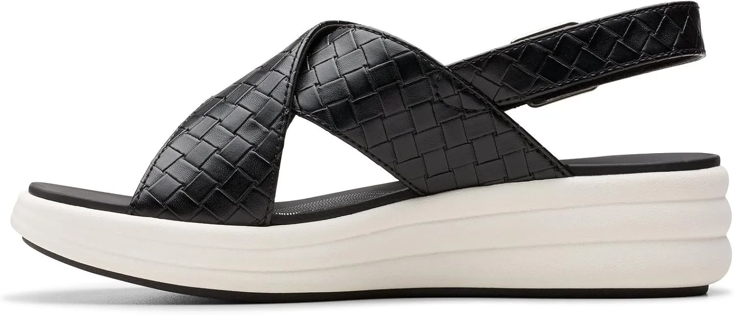 Clarks Women's Drift Sun Wedge Sandal, Black Woven Synthetic, 8