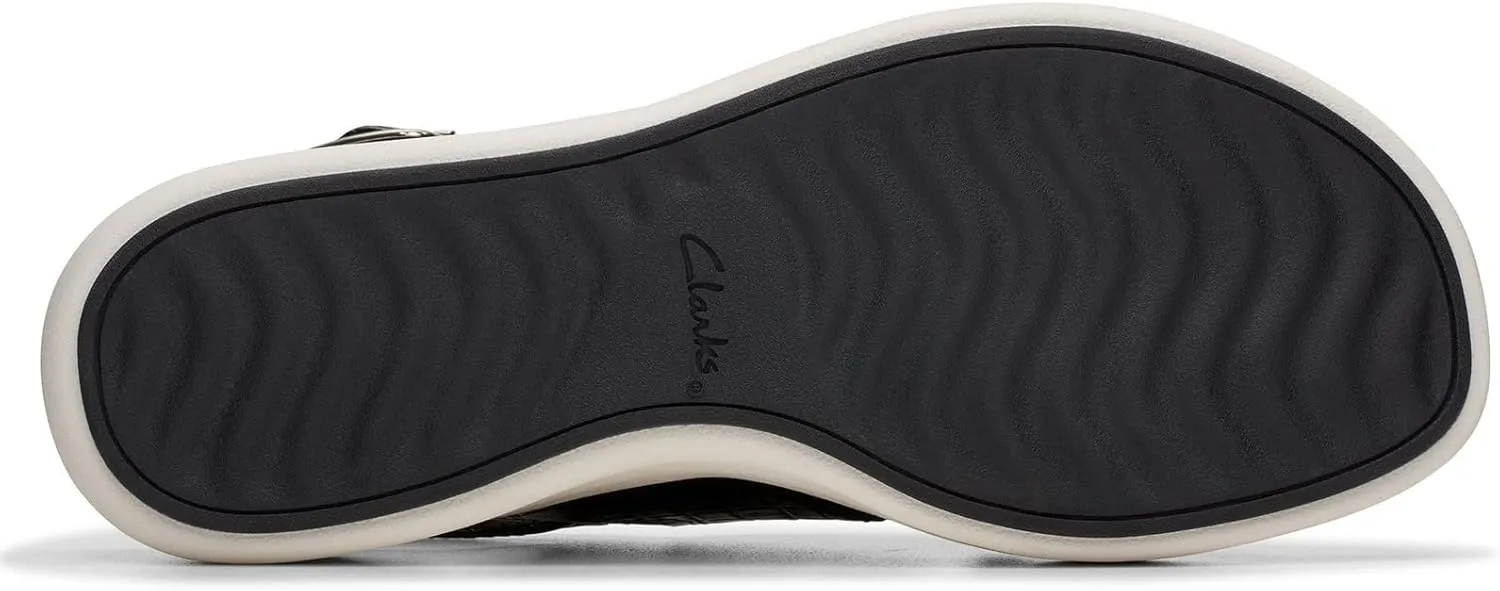 Clarks Women's Drift Sun Wedge Sandal, Black Woven Synthetic, 8