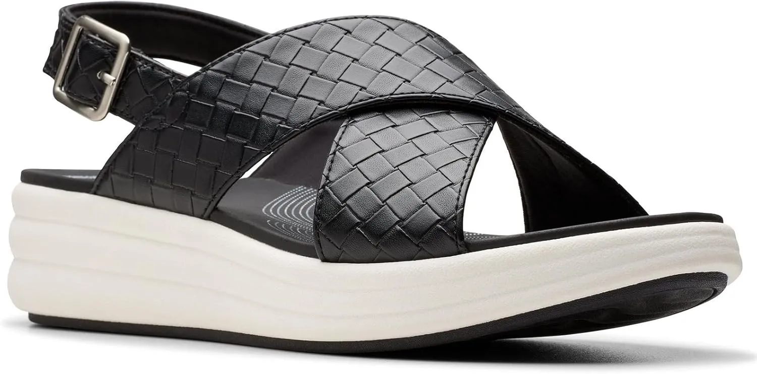 Clarks Women's Drift Sun Wedge Sandal, Black Woven Synthetic, 8