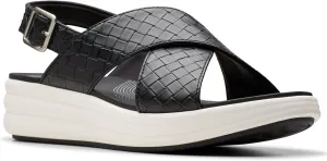 Clarks Women's Drift Sun Wedge Sandal, Black Woven Synthetic, 8