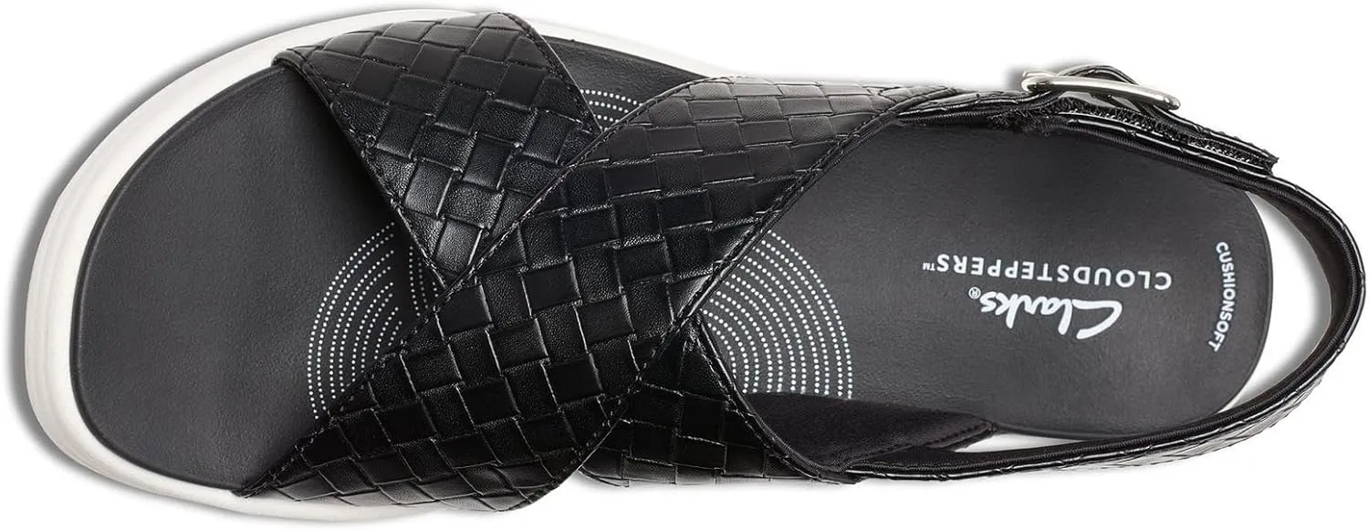 Clarks Women's Drift Sun Wedge Sandal, Black Woven Synthetic, 8