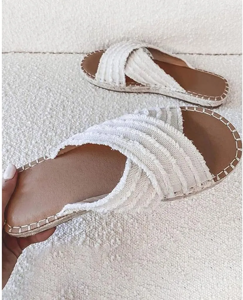 CLEO ESPADRILLE SLIDES- Womens Flat Slide Sandals Open Toe Espadrille Slip On Comfortable Cork leather Sandals