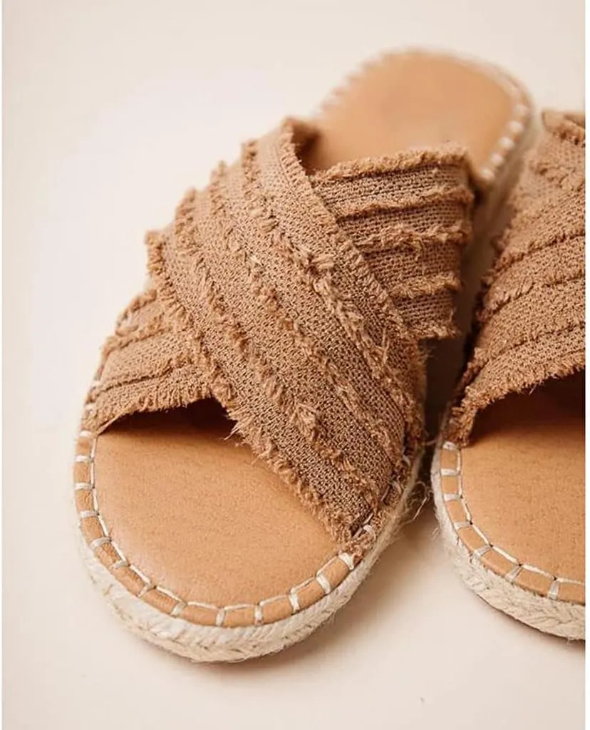 CLEO ESPADRILLE SLIDES- Womens Flat Slide Sandals Open Toe Espadrille Slip On Comfortable Cork leather Sandals