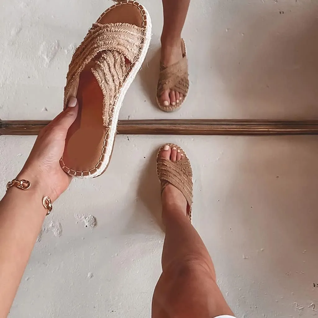 CLEO ESPADRILLE SLIDES- Womens Flat Slide Sandals Open Toe Espadrille Slip On Comfortable Cork leather Sandals