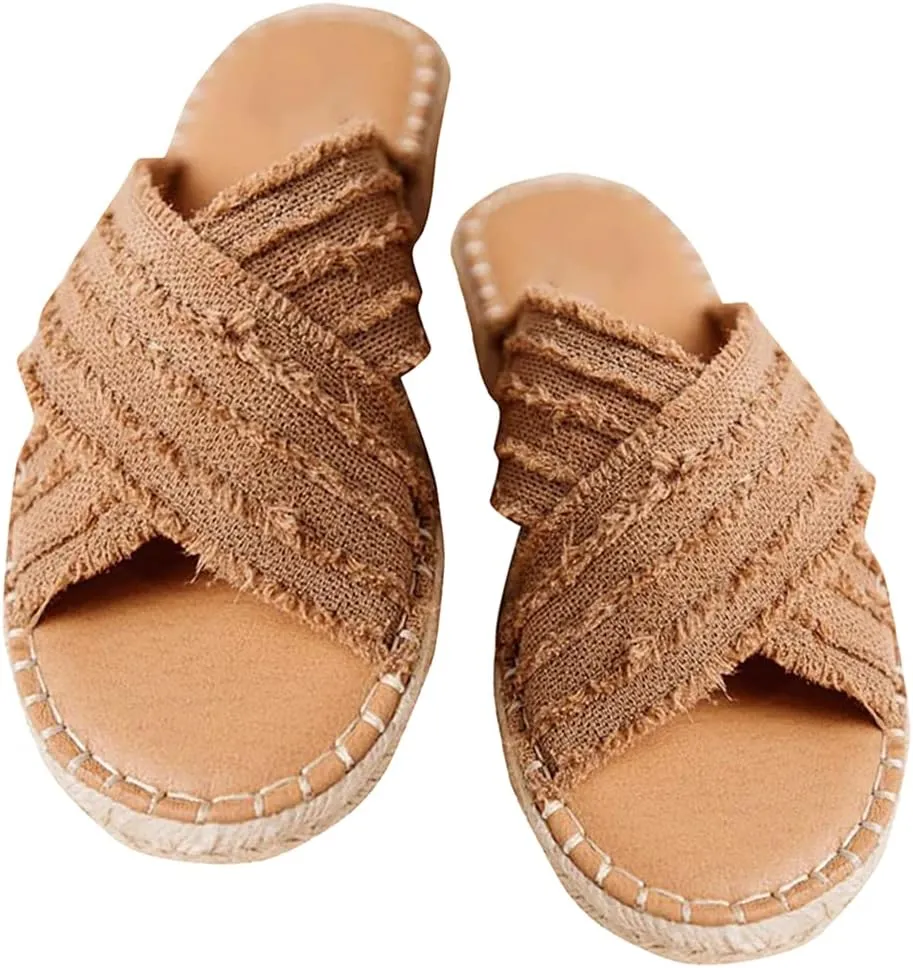 CLEO ESPADRILLE SLIDES- Womens Flat Slide Sandals Open Toe Espadrille Slip On Comfortable Cork leather Sandals