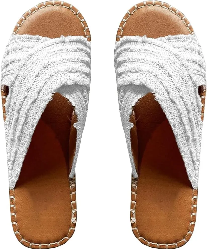 CLEO ESPADRILLE SLIDES- Womens Flat Slide Sandals Open Toe Espadrille Slip On Comfortable Cork leather Sandals