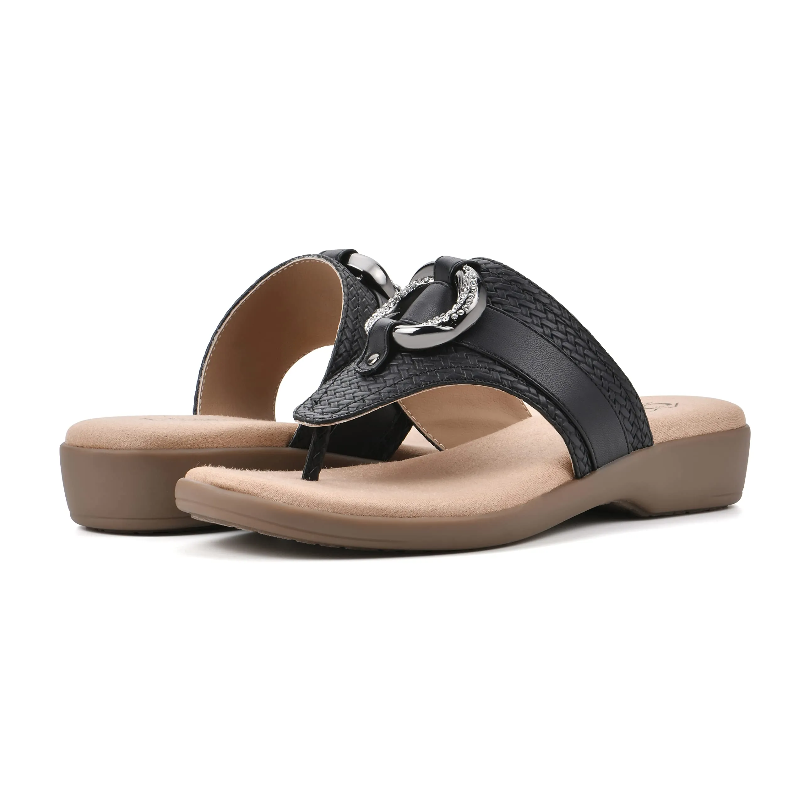 CLIFFS BY WHITE MOUNTAIN Women's Benedict Mini Wedge Sandal, Black/Woven, 9.5 M