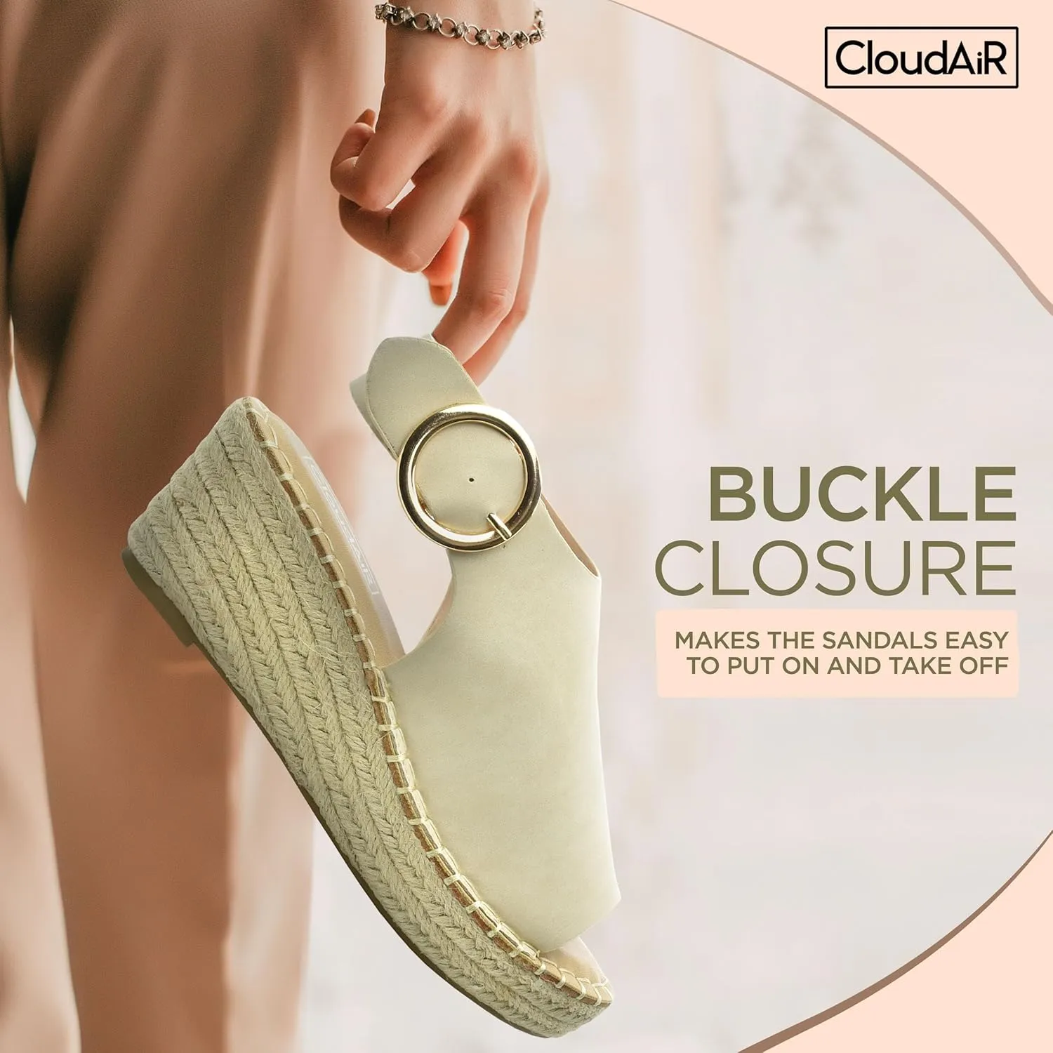 CLOUDAIR Selina Women's Espadrille Wedge Sandals - Comfortable and Stylish Platform Slip On Sandals with Buckle Closure, Comfy Wedge Heels for Women, Fashion Summer Sandals