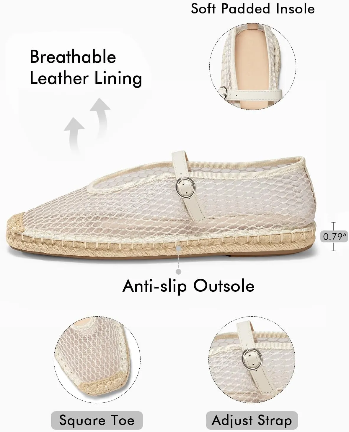 Coutgo Womens Espadrilles Mary Jane Flats Closed Sqaure Toe Mesh Ballet Flats Comfortable Dress Shoes
