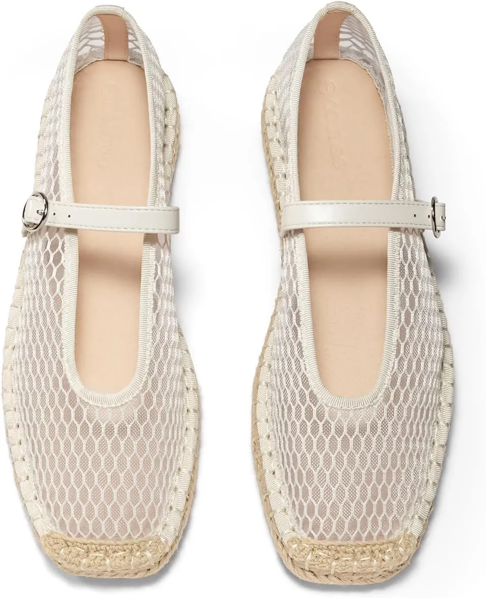 Coutgo Womens Espadrilles Mary Jane Flats Closed Sqaure Toe Mesh Ballet Flats Comfortable Dress Shoes