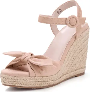 Coutgo Womens Espadrilles Wedges Bow Platform Sandals Open Toe Ankle Strap Summer Dress Heels Cute Shoes