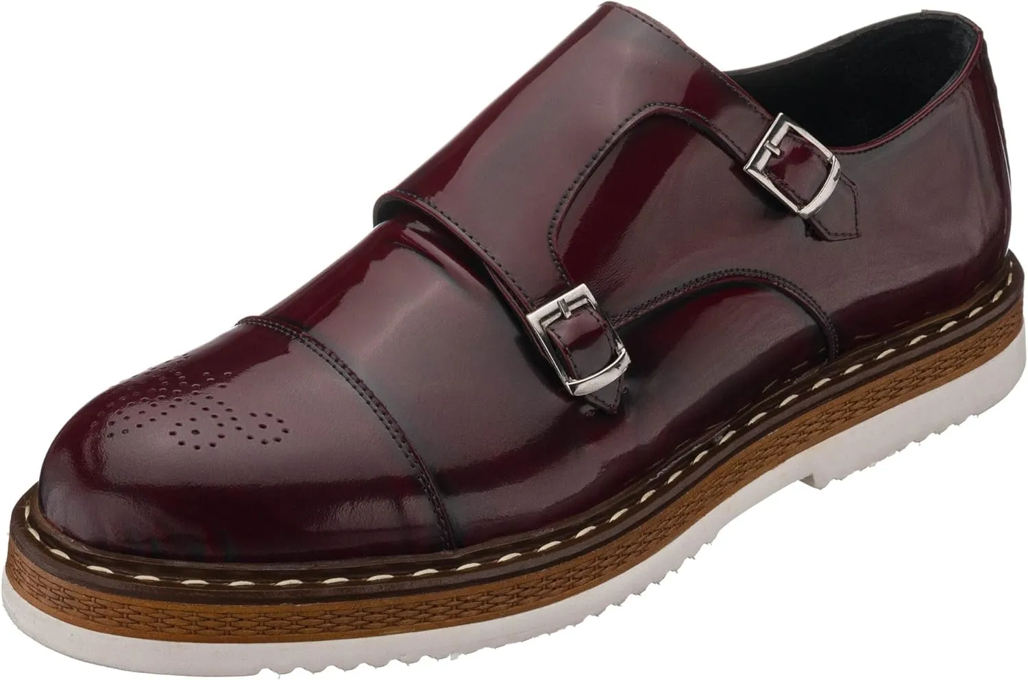 DALGALA Men's Bordeaux Leather Handcrafted Double Monk Strap Loafer Shoes Slip on Eva Sole Lightweight Casual Shoes