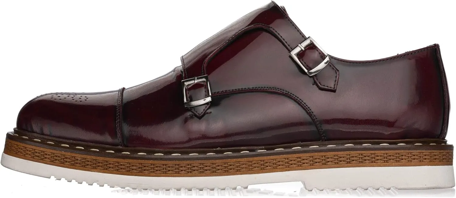 DALGALA Men's Bordeaux Leather Handcrafted Double Monk Strap Loafer Shoes Slip on Eva Sole Lightweight Casual Shoes