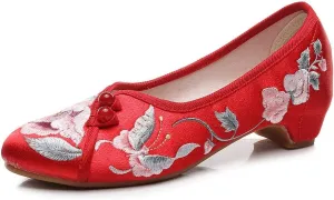 Floral Handmade Embroidered Shoes for Women Retro Classic Ballet High Heels Shoes Pointed Toe Slip On Comfortable Loafer Mary Jane Flats Cheongsam Shoes