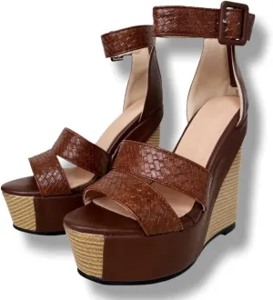 Frankie Hsu Ladies Sexy Platform Wood Oak Wedge Sandal, Brown Knit Zip High Heeled Vintage Style, Fashion Large Big Size US4-19 Unisex Shoes For Women Men