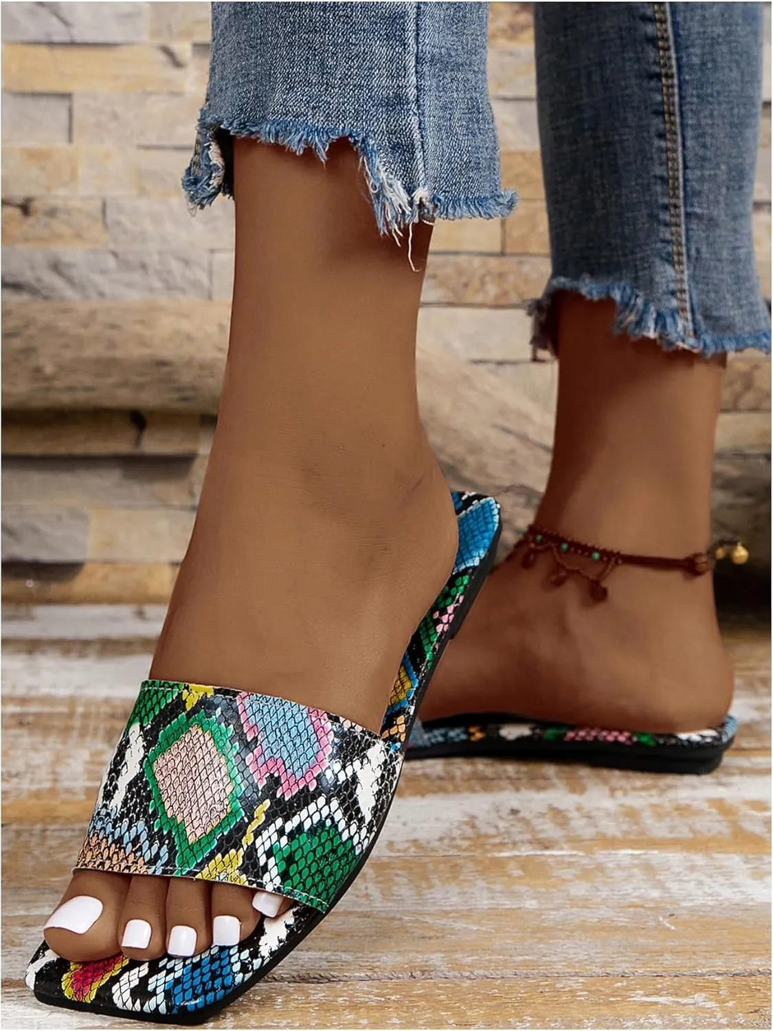 GORGLITTER Women's Snakeskin Leather Flat Sandals Colorblock Square Open Toe Dressy Summer Slides Shoes