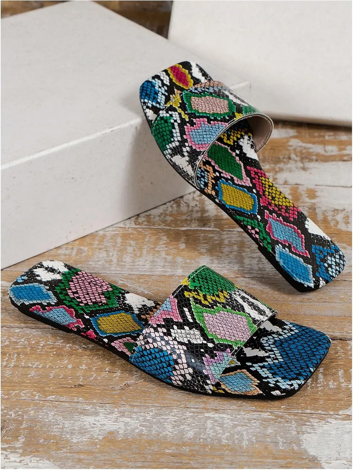 GORGLITTER Women's Snakeskin Leather Flat Sandals Colorblock Square Open Toe Dressy Summer Slides Shoes