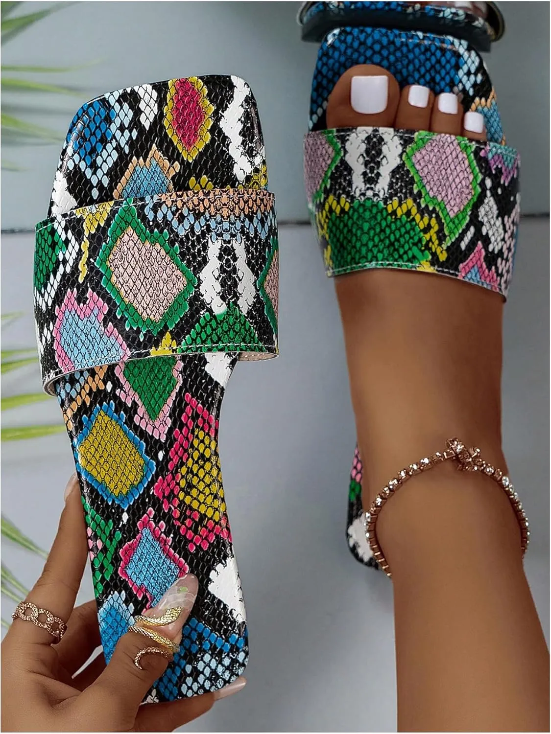 GORGLITTER Women's Snakeskin Leather Flat Sandals Colorblock Square Open Toe Dressy Summer Slides Shoes