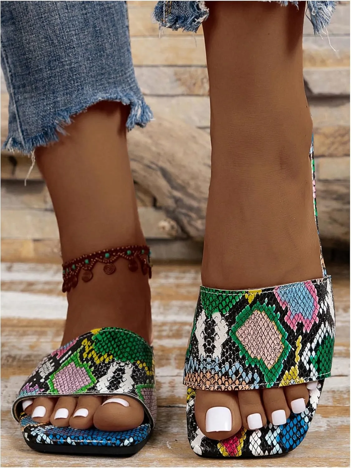 GORGLITTER Women's Snakeskin Leather Flat Sandals Colorblock Square Open Toe Dressy Summer Slides Shoes