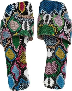 GORGLITTER Women's Snakeskin Leather Flat Sandals Colorblock Square Open Toe Dressy Summer Slides Shoes